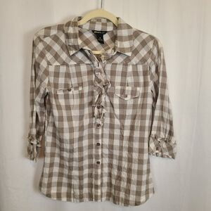 O'Neil plaid button down juniors size M cream and light brown 3/4 sleeves